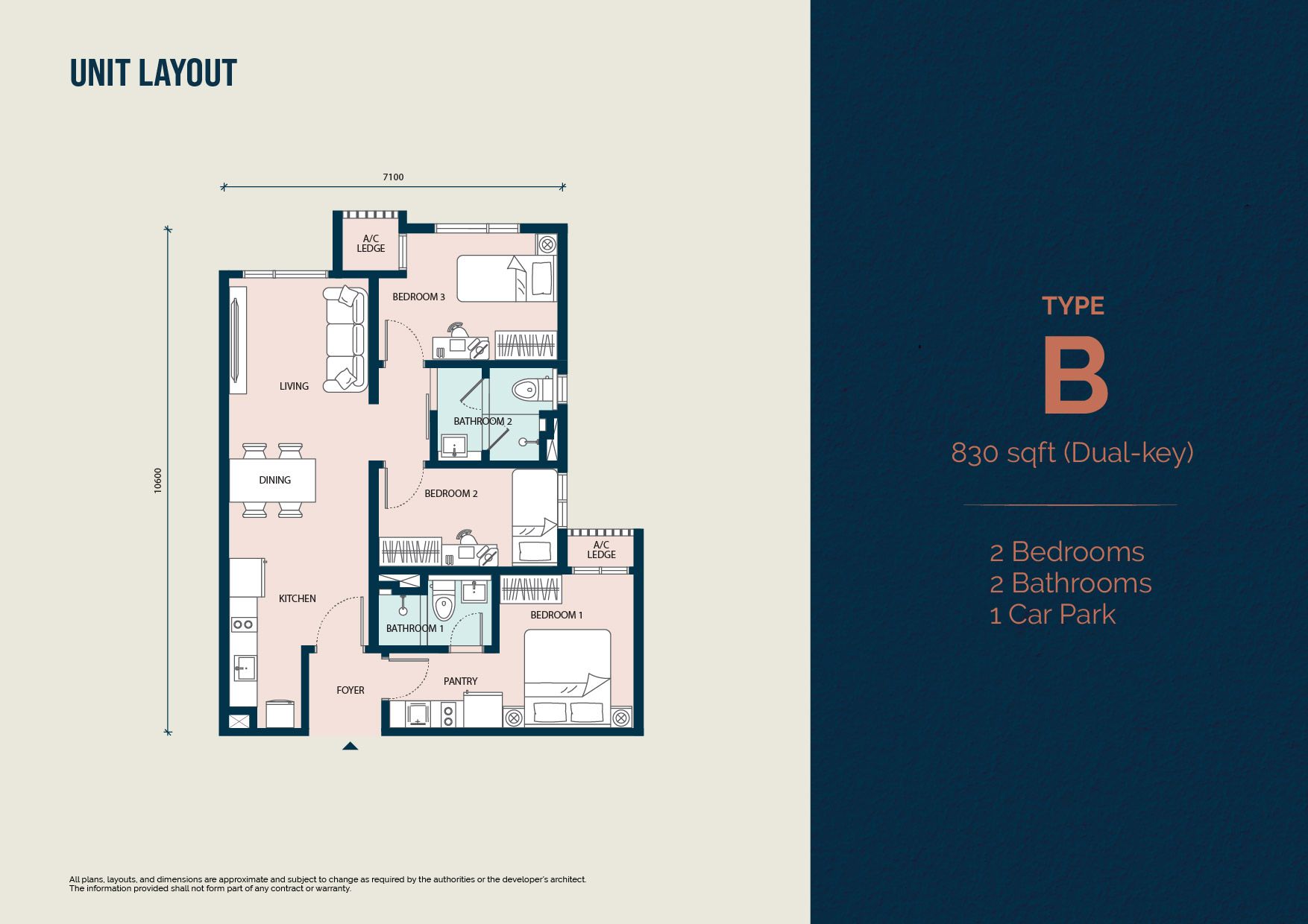Type B floor plan — 830 sq ft dual-key