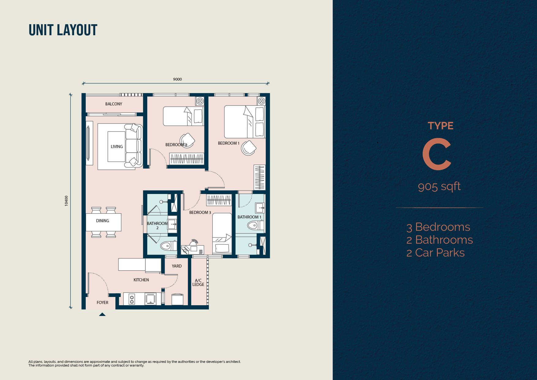 Type C floor plan — 905 sq ft