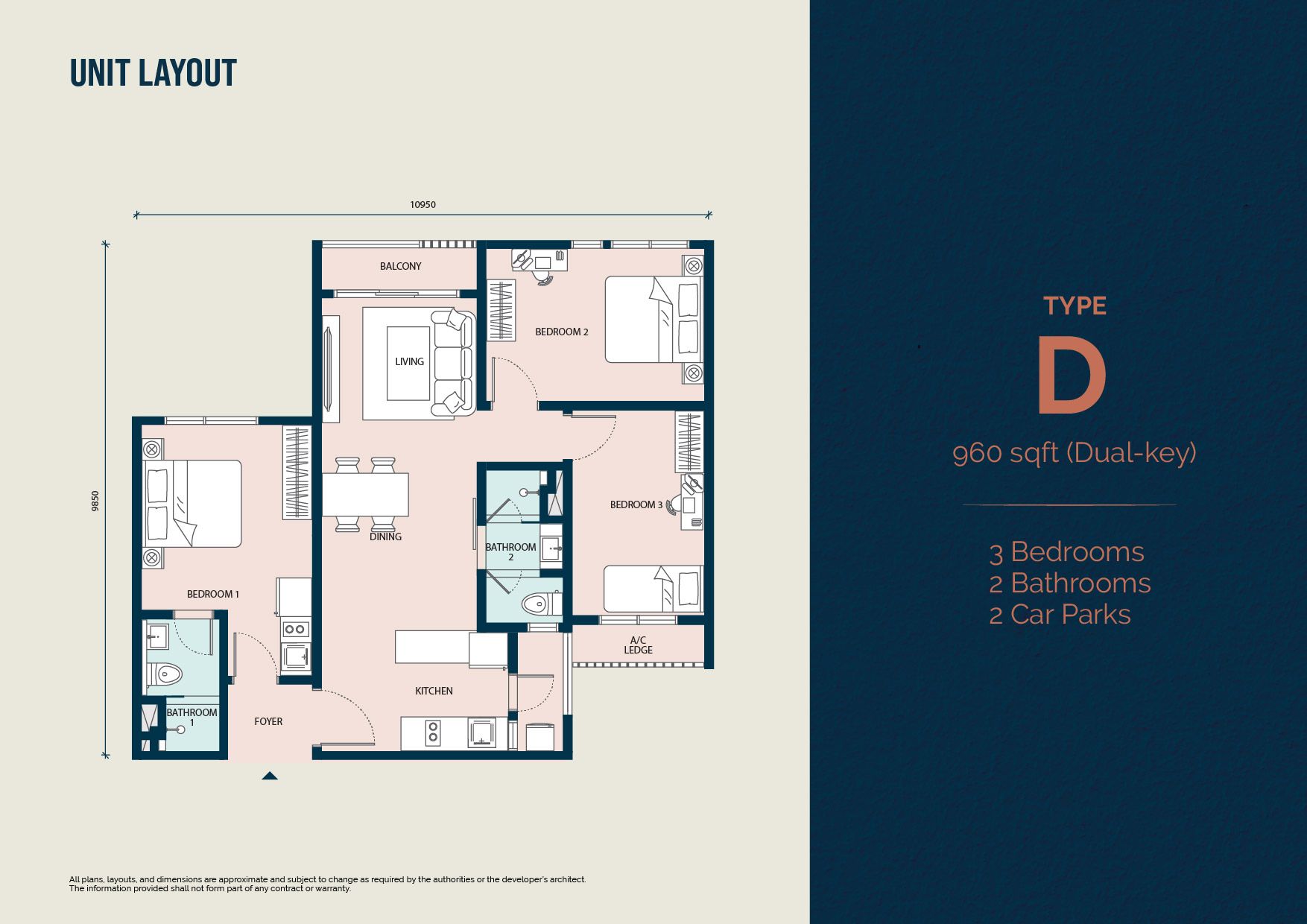 Type D floor plan — 960 sq ft dual-key